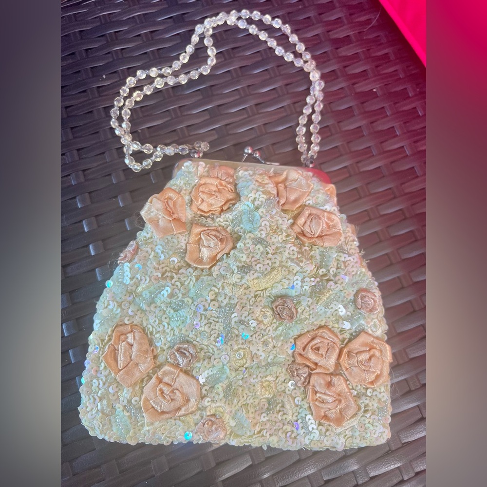 Clutch Purse with Sequins, Cloth Roses and Beaded Handles Prom, Wedding, Formal